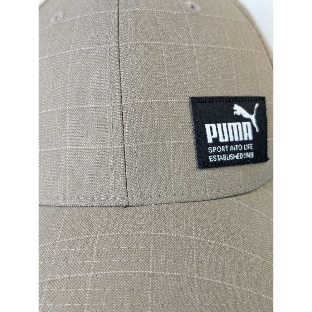 PUMA Grid Pattern Ripstop Baseball Cap Hat L/XL Gray Taupe Retro Patch Stretch